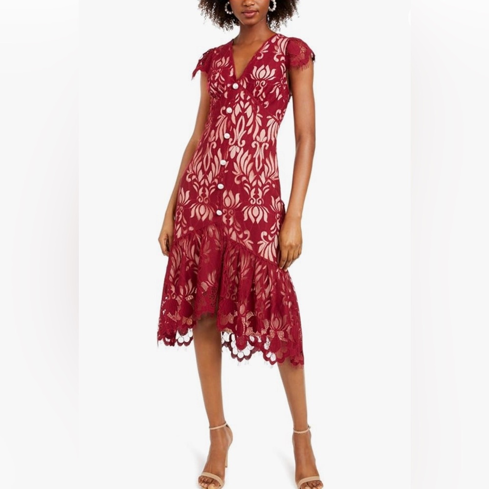 Anthropologie Foxiedox Lace Midi Dress – Burgundy V-Neck, Size Small
